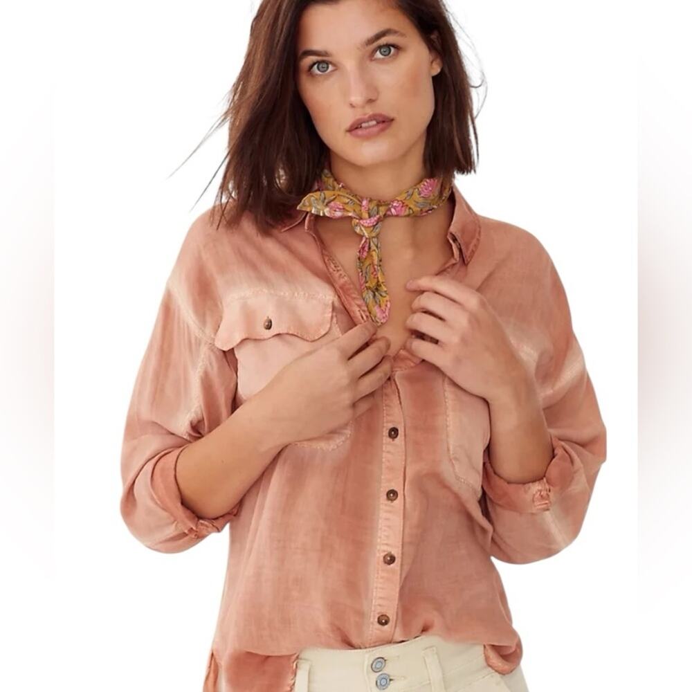 Pilcro Anthropologie Joelle Relaxed Fit Rust Button Down Shirt size small sheer